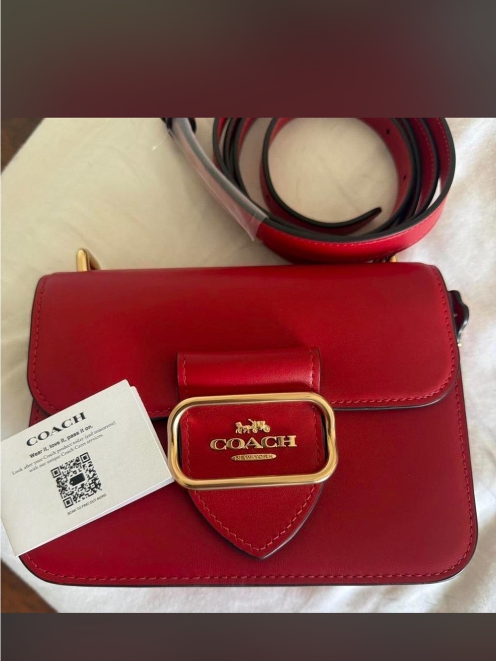 Coach Red Leather Crossbody with Gold Buckle Accent